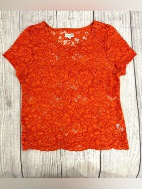 MAISON JULES Women’s Orange Sheer Floral Short Sleeve Blouse Size Medium